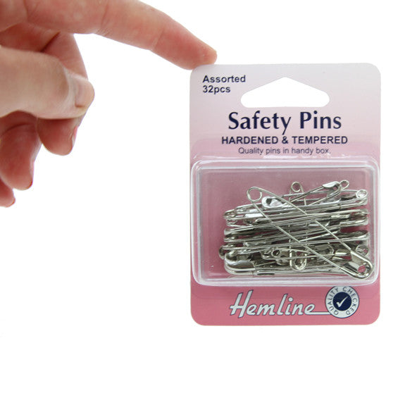 Hemline Safety Pins 32pk Assorted Hardened And Tempered