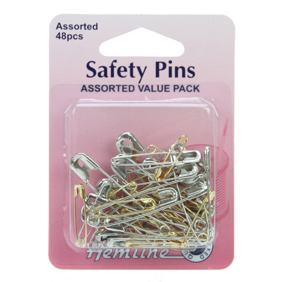 Hemline Safety Pins 48pk Assorted Sizes, Gilt/Nickel Plated