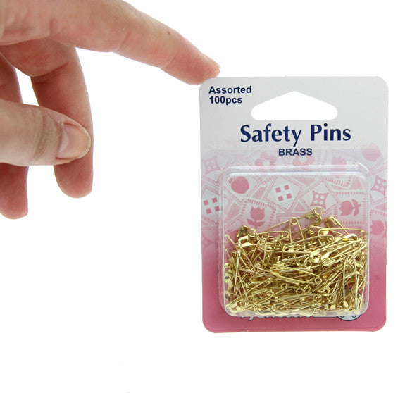 Hemline Safety Pins 100pk Assorted Brass