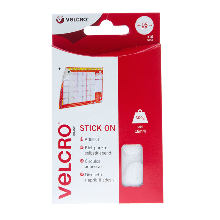 VELCRO® Brand Stick On Coins Hook & Loop 16mm x 16 Sets White