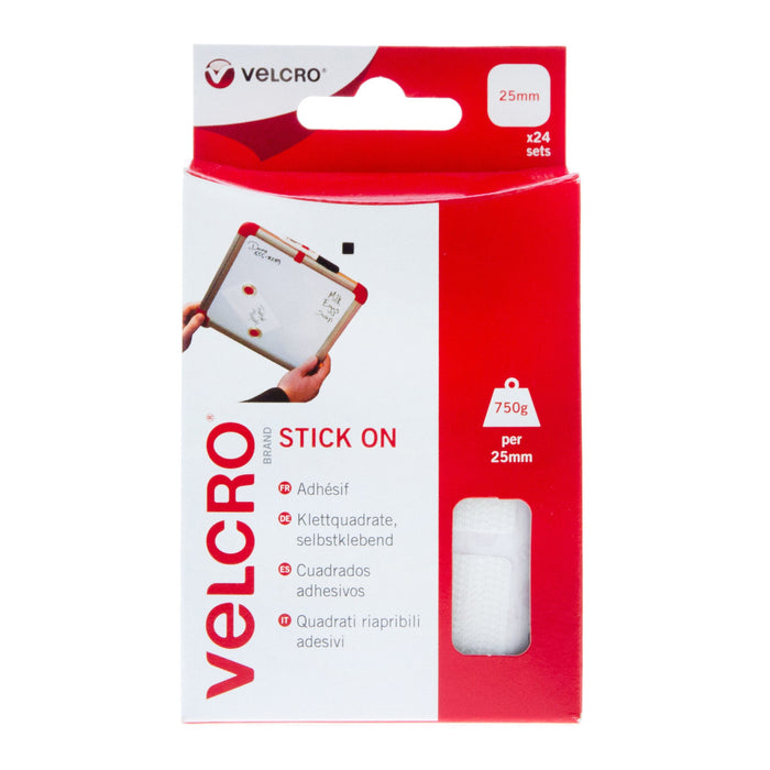 VELCRO® Brand Stick On Squares Hook & Loop 25mm x 24 Sets White