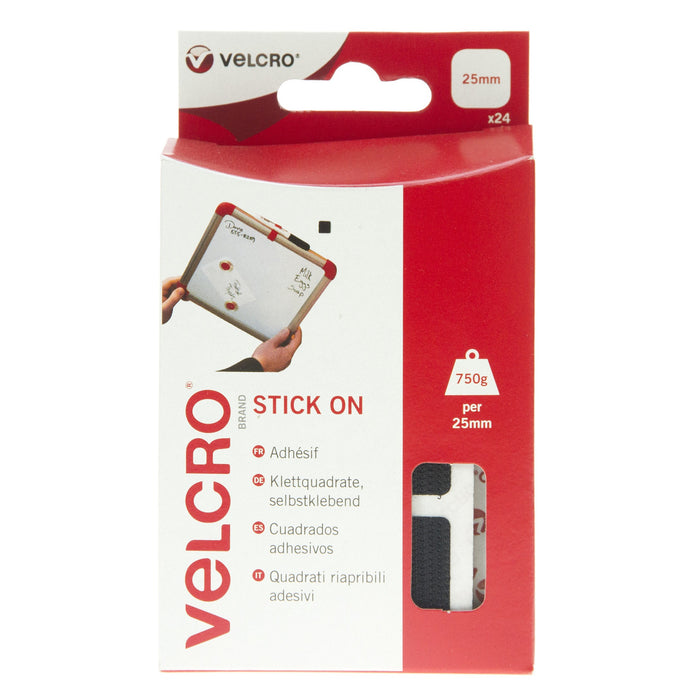 VELCRO® Brand Stick On Squares Hook & Loop 25mm x 24 Sets Black