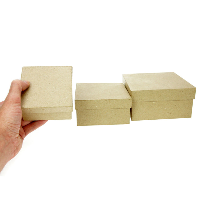 Set of 3 Kraft Paper Mache Square Medium Boxes