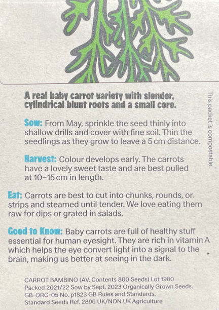 Organic Seeds: Carrot Bambino