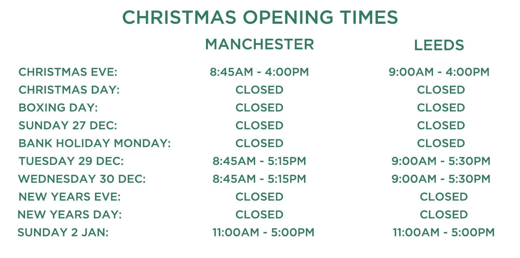 Christmas Opening Times
