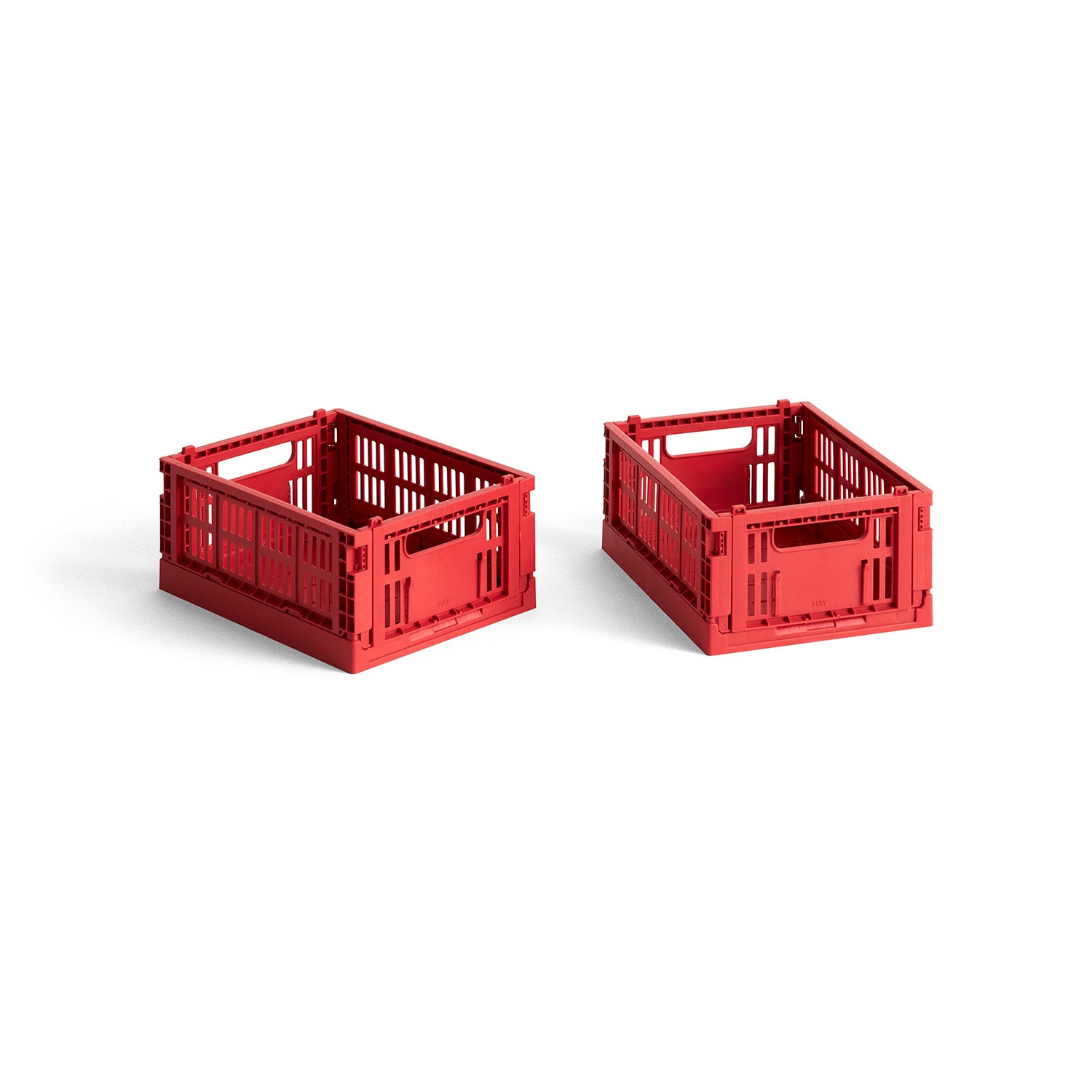 Two red mini storage crates with a perforated design, made from recycled plastic, displayed on a white background.