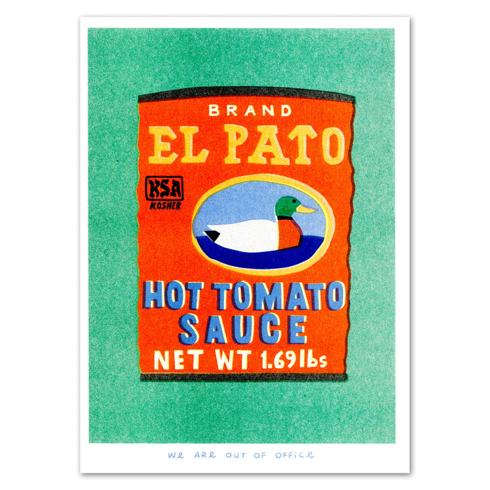 A Risograph Print of A Can Op Hot Tomato Sauce
