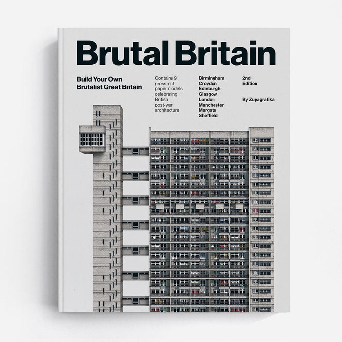 Cover of the book 'Brutal Britain' displaying a model of a brutalist building, with the title and author Zupagrafika prominently featured.