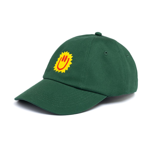 Green cap with a yellow logo on a white background