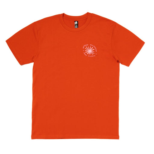 Orange t-shirt with a pink embroidered logo on a white background