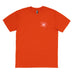 Orange t-shirt with a pink embroidered logo on a white background