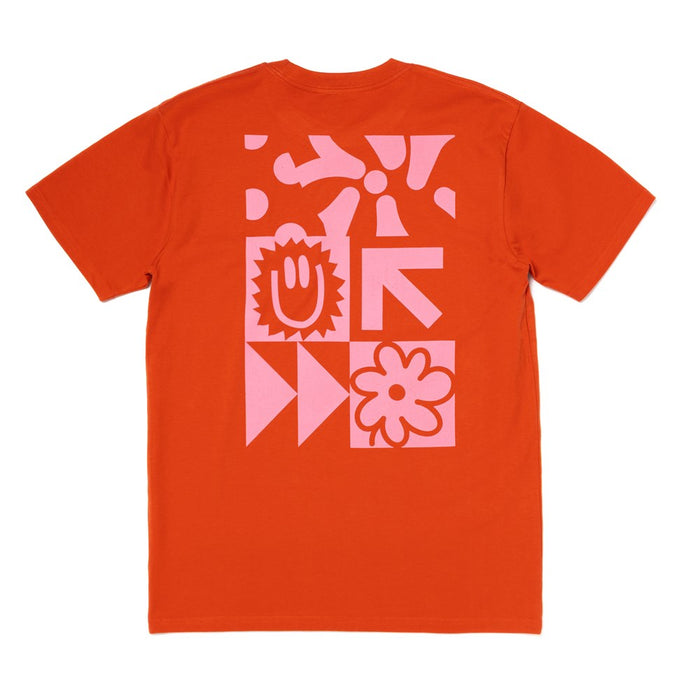 Orange t-shirt with pink geometric patterns on a white background