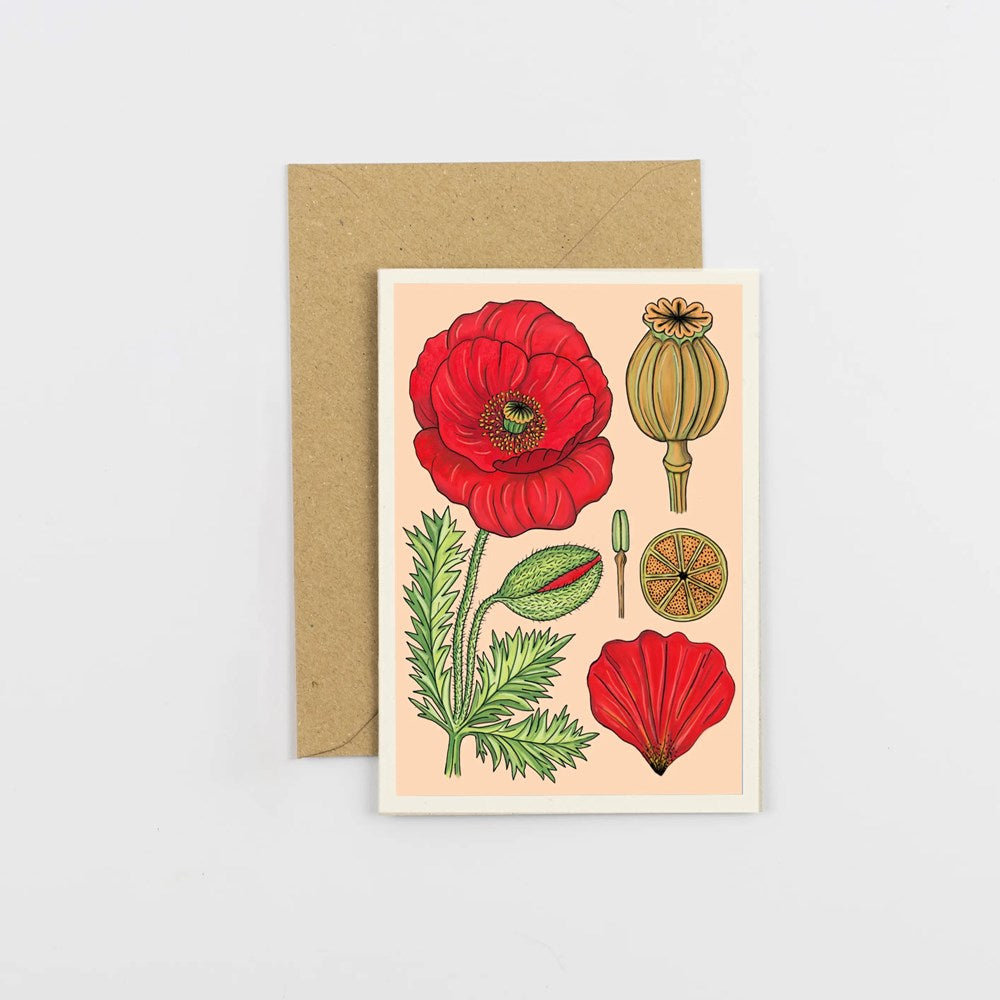 Greeting card with red flowers and green leaves on a beige background, accompanied by a brown envelope.