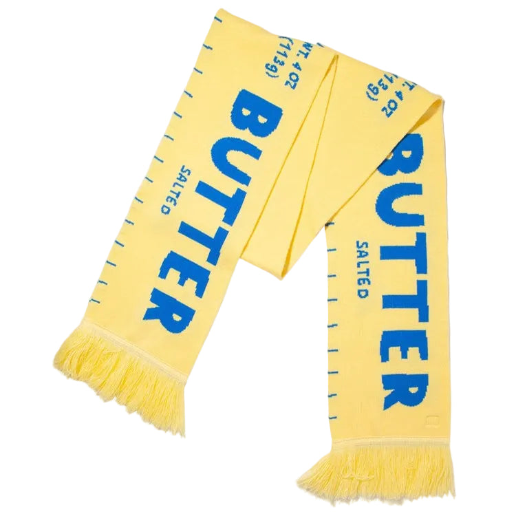 Yellow scarf with blue text on a white background