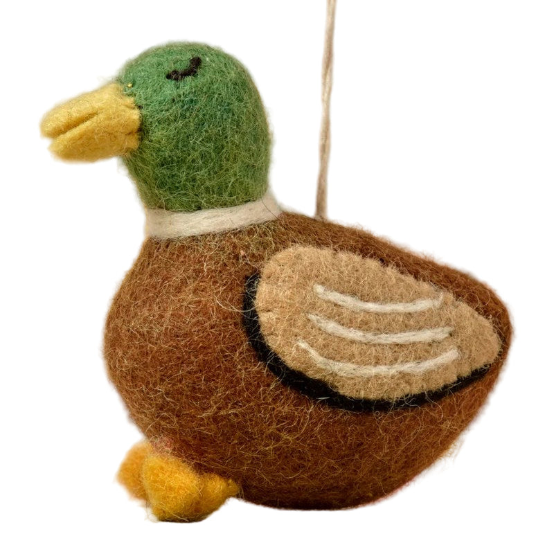 Felted duck ornament with a colorful background