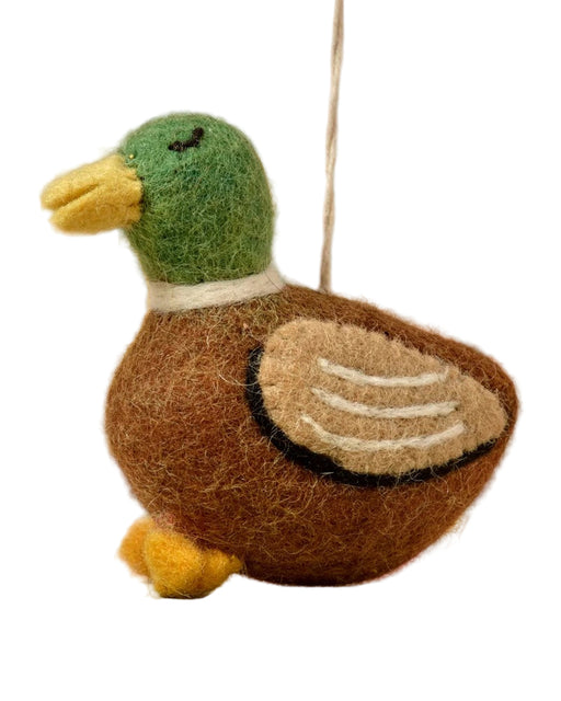 Felted duck ornament with a colorful background