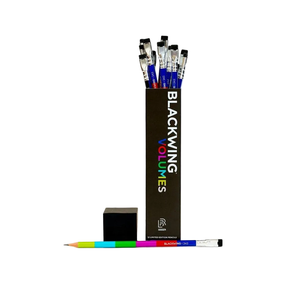 Set of Blackwing Volume pencils with a black box on a white background