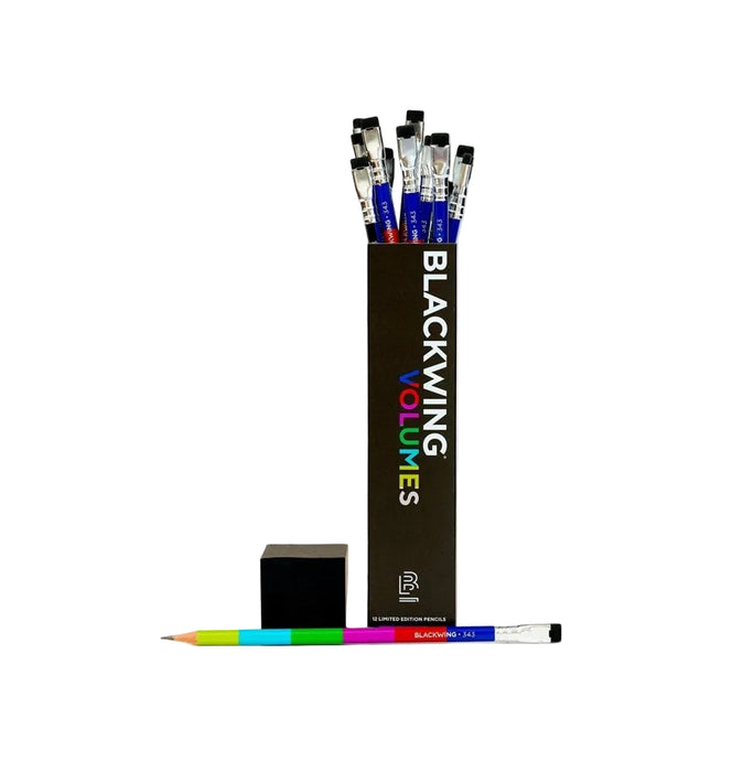 Set of Blackwing Volume pencils with a black box on a white background