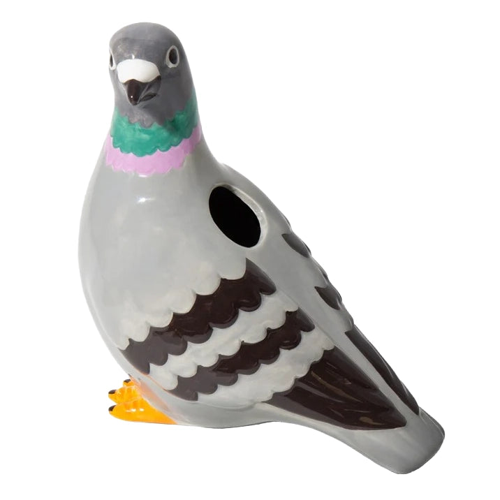 Pigeon-shaped vase with a colorful design on a white background