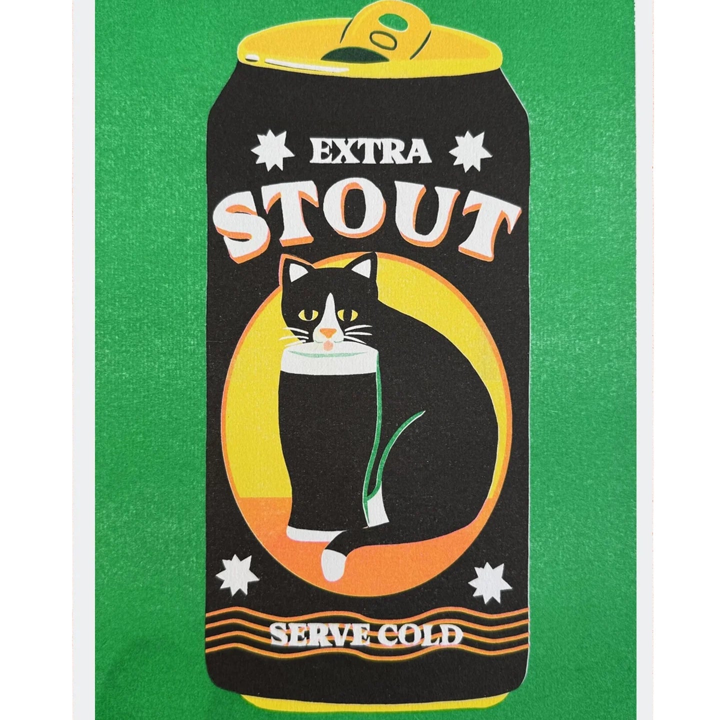 Illustration of a stout beer can with a cat design on a green background