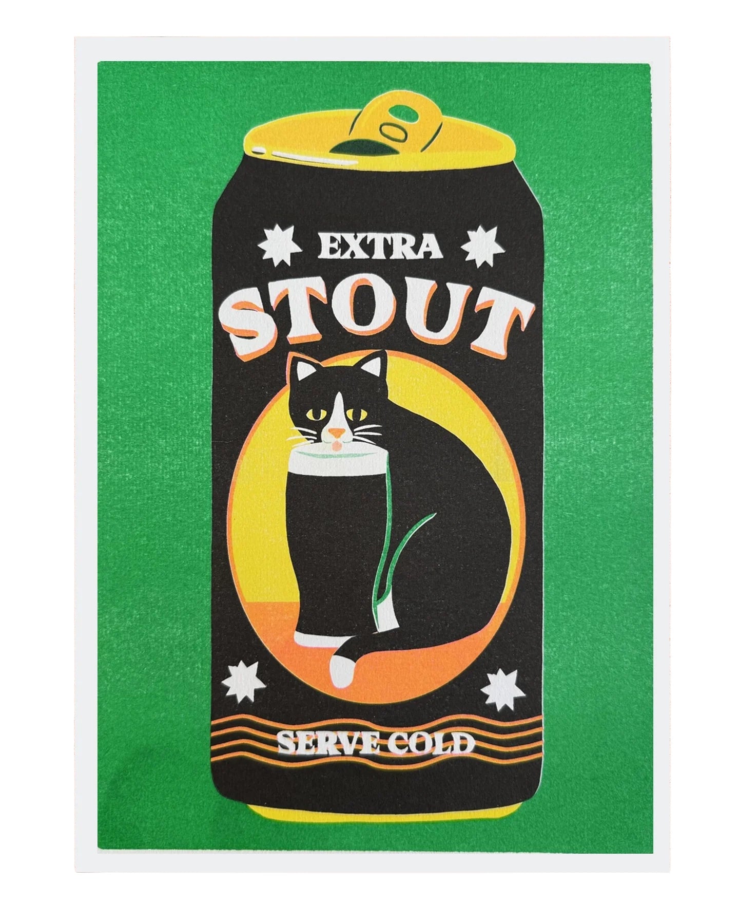 Illustration of a stout beer can with a cat design on a green background