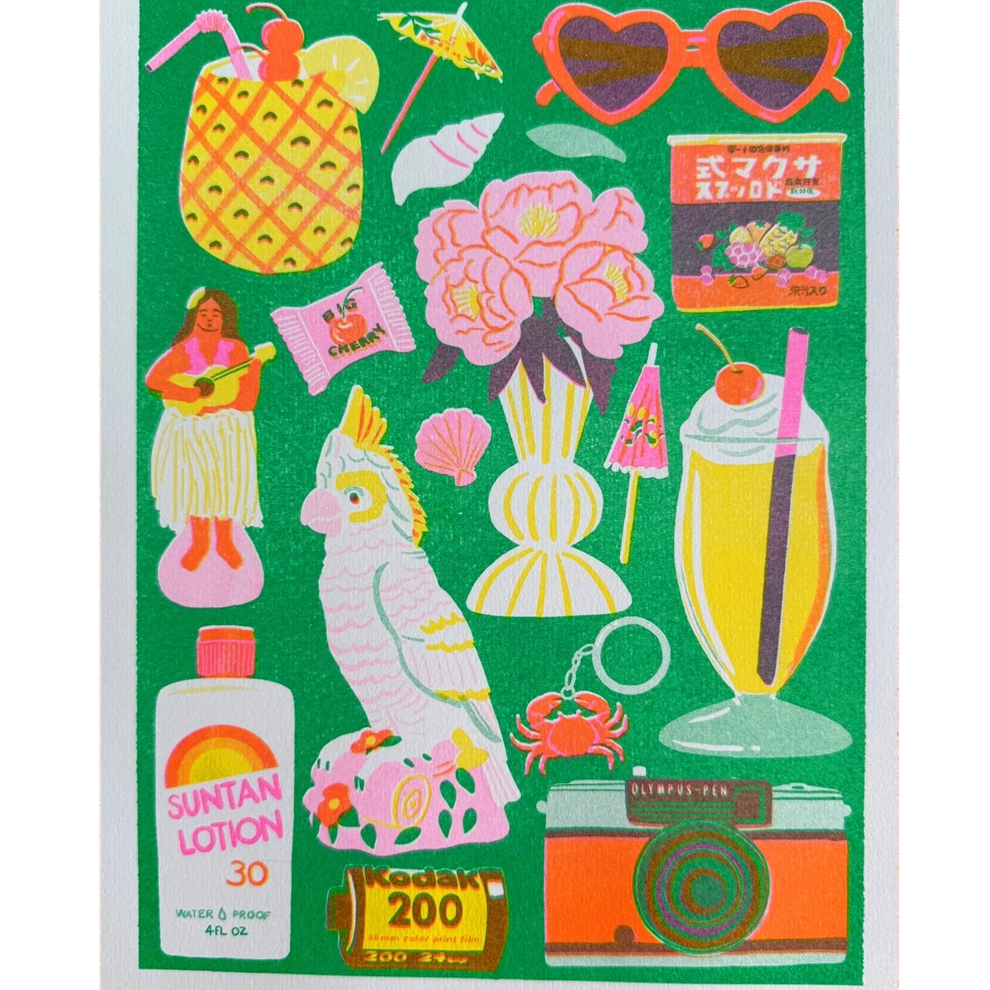 Sticker sheet with tropical-themed items on a green background