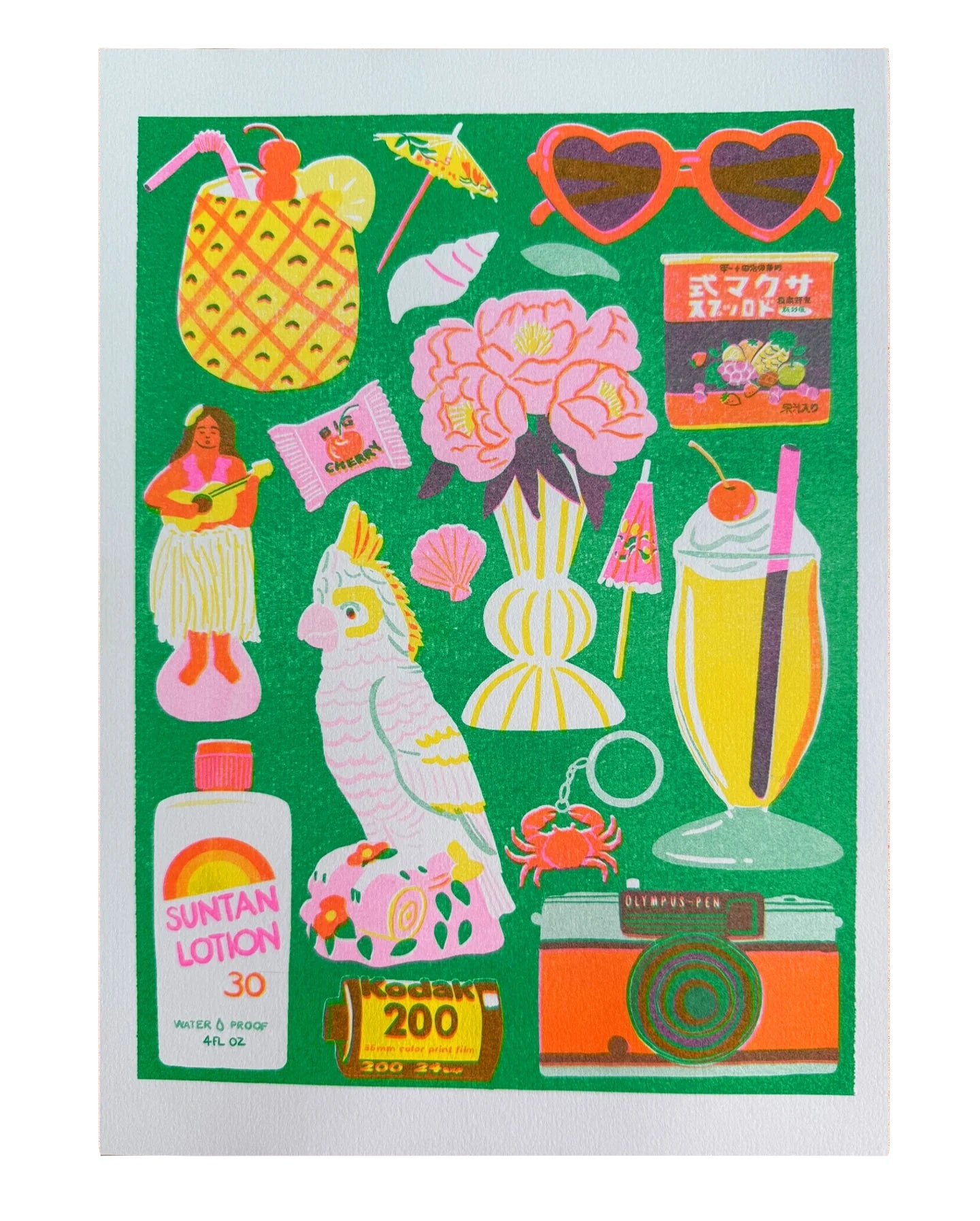 Sticker sheet with tropical-themed items on a green background