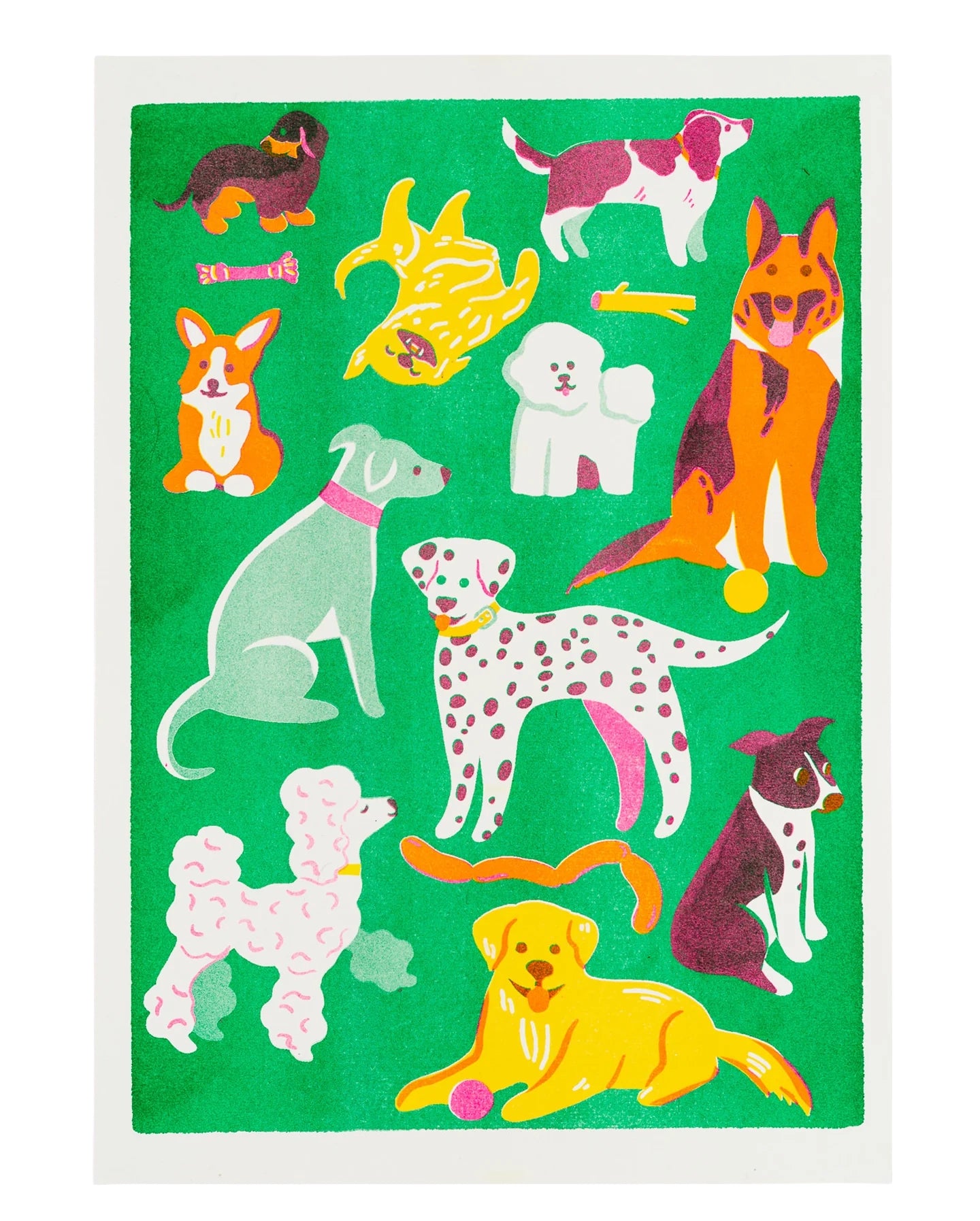 Colorful illustration of various dogs on a green background