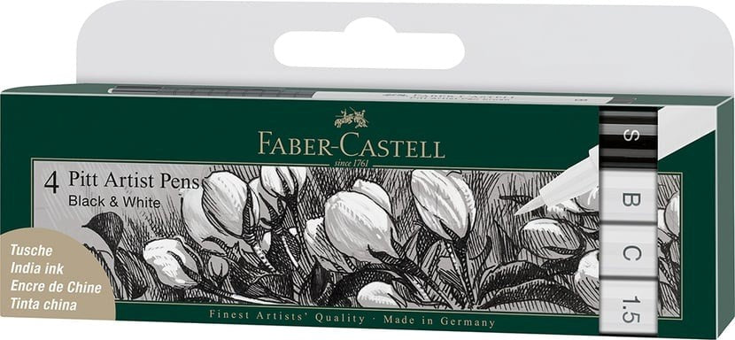 Faber-Castell Pitt Artist Pens packaging with black and white illustration of flowers.