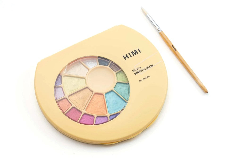 Watercolour palette with color swatches and a brush on a white background, featuring the brand 'HIMI'.