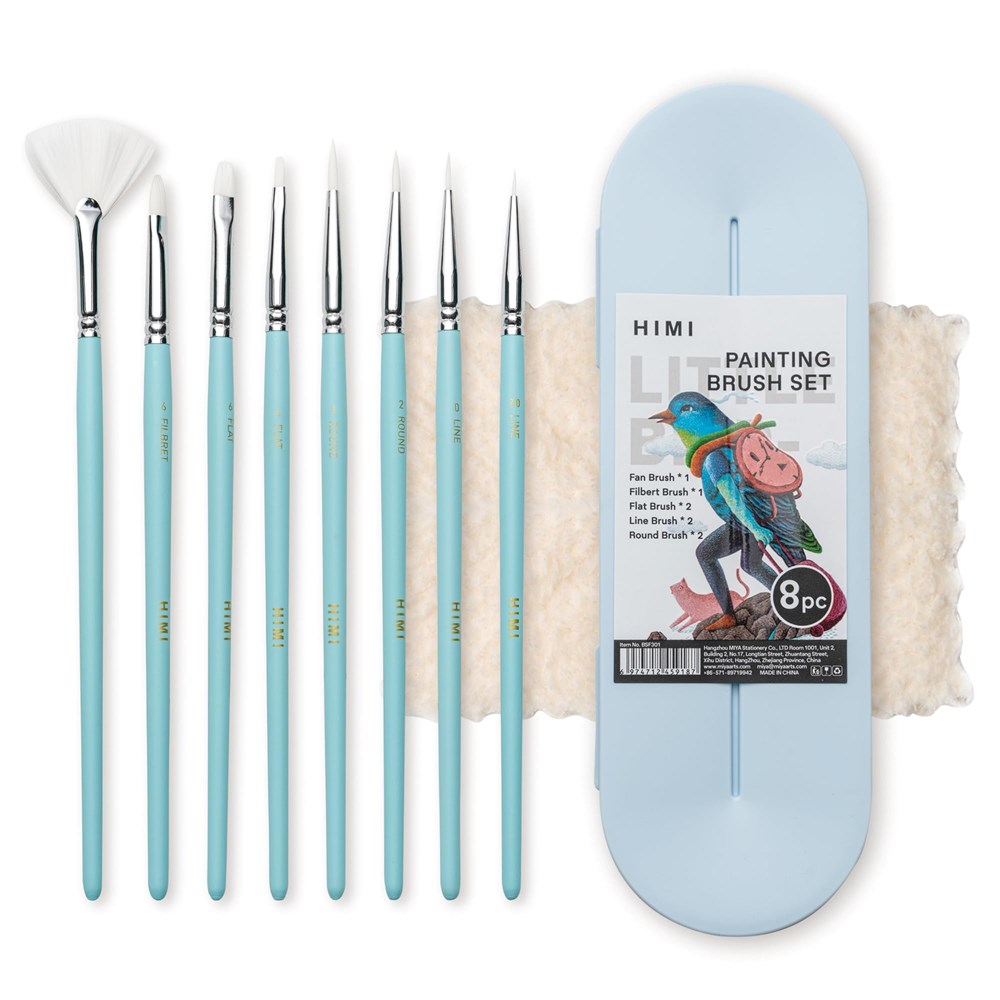 Set of painting brushes with a blue holder and packaging on a white background