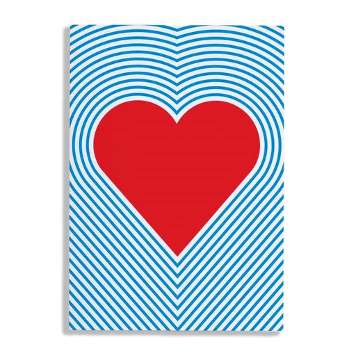 Card with a red heart design on a blue striped background