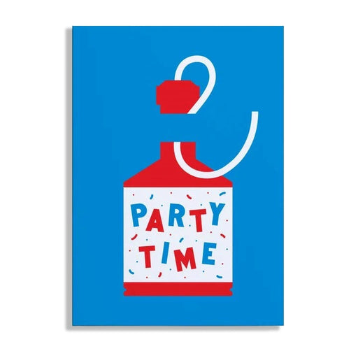 Card with a red and white party popper design and 'Party Time' text on a blue background