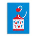 Card with a red and white party popper design and 'Party Time' text on a blue background