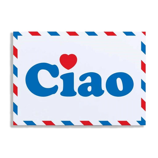 Envelope-shaped sign with 'Ciao' and a heart on a white background