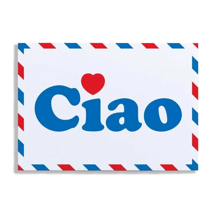 Envelope-shaped sign with 'Ciao' and a heart on a white background