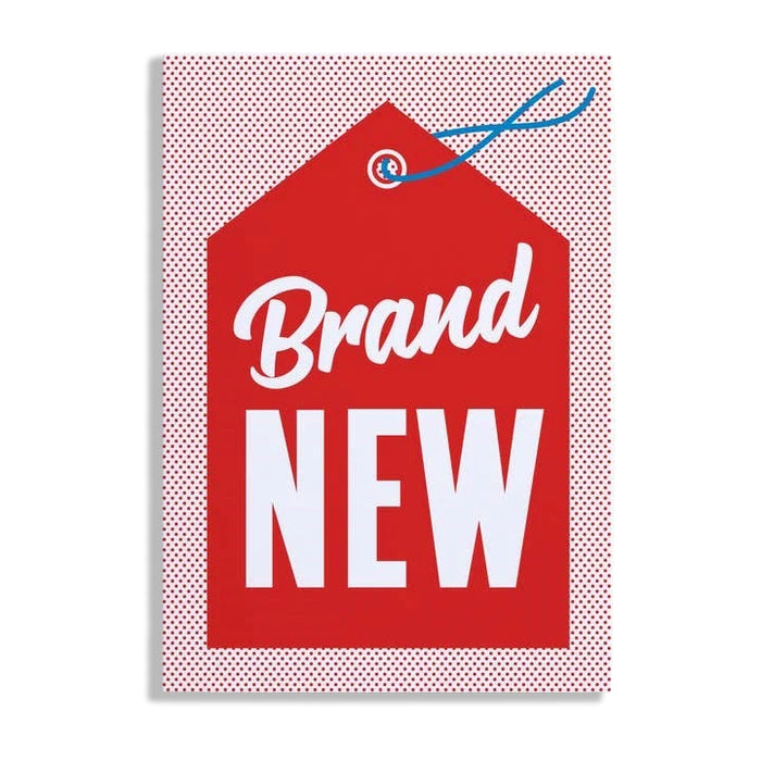 Red 'Brand New' tag with a blue string on a white background