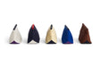 Five colorful triangular pouches arranged in a row on a white background