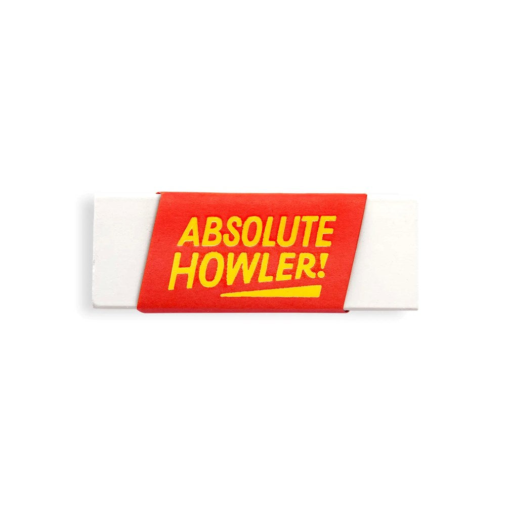 Rectangular eraser with 'Absolute Howler!' text on a white background
