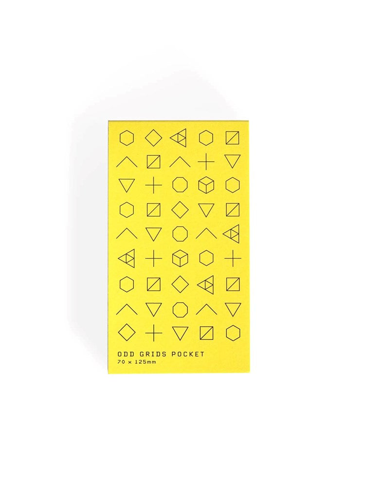 Yellow grid pocket notebook with geometric shapes on a white background