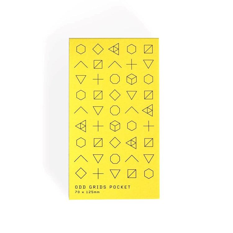 Yellow grid pocket notebook with geometric shapes on a white background