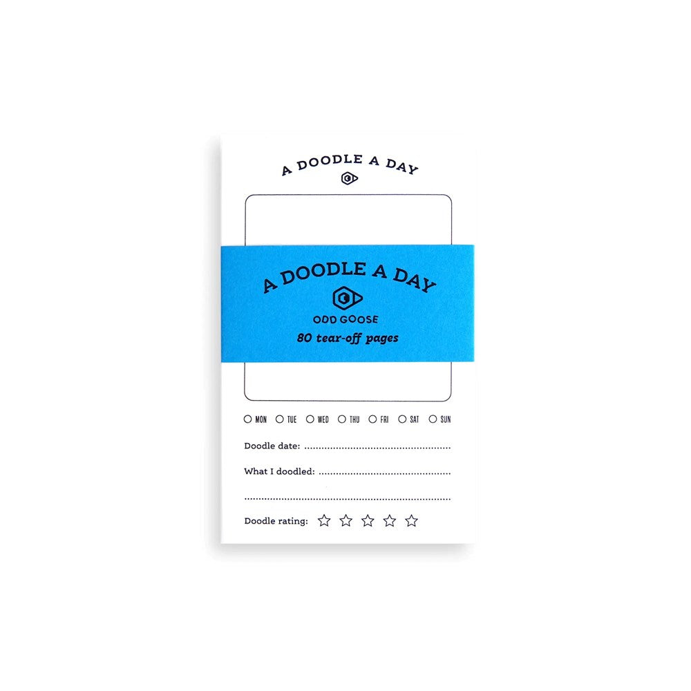 Product packaging for 'A Doodle A Day' with branding and tear-off pages design.