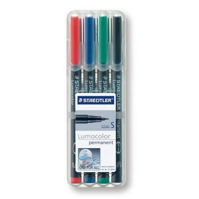 Set of Staedtler Lumocolor permanent markers in a clear plastic case on a white background