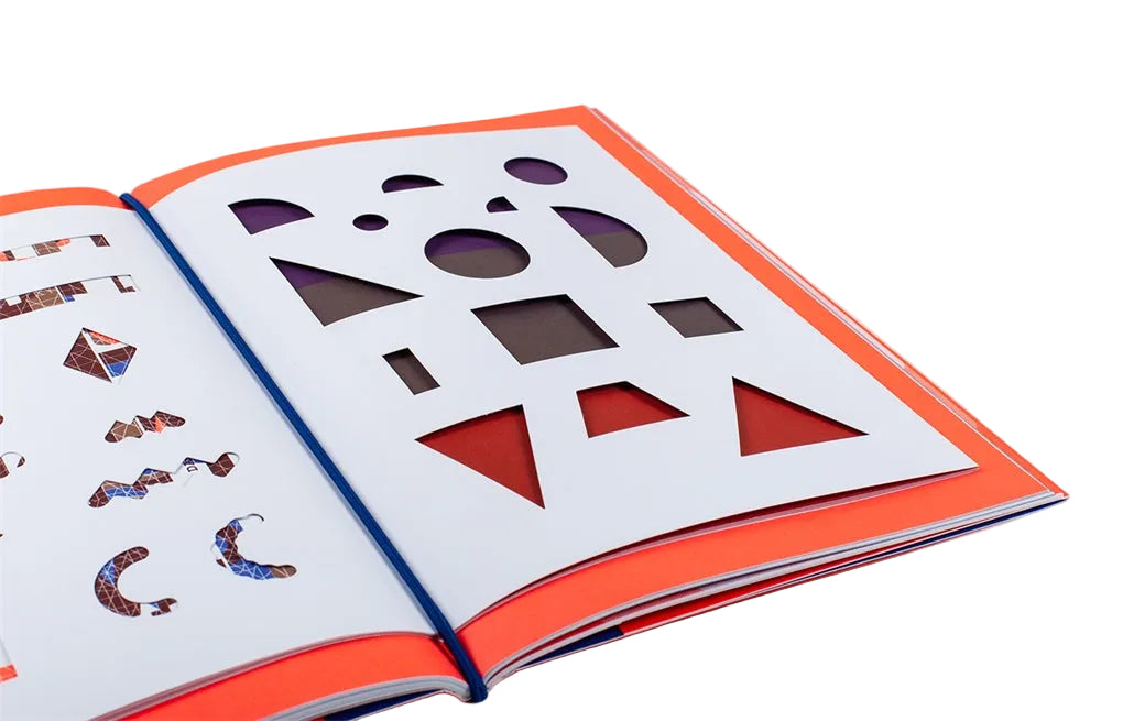 Open book with geometric shape patterns on a white background