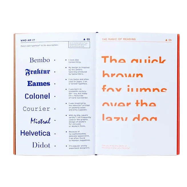 Open book showing a list of typefaces with sample text on a white background