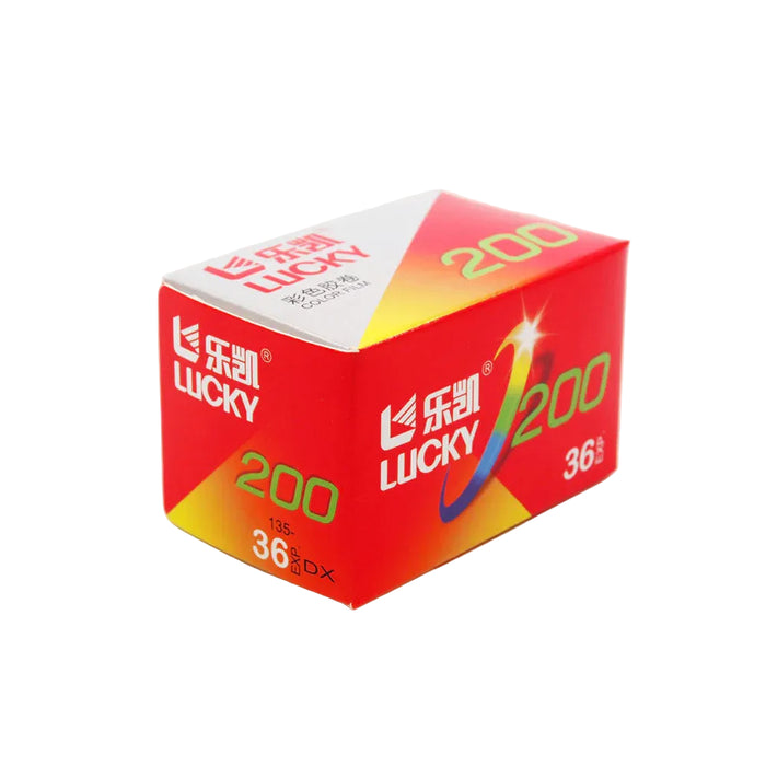 Red and white Lucky brand camera film box on a white background