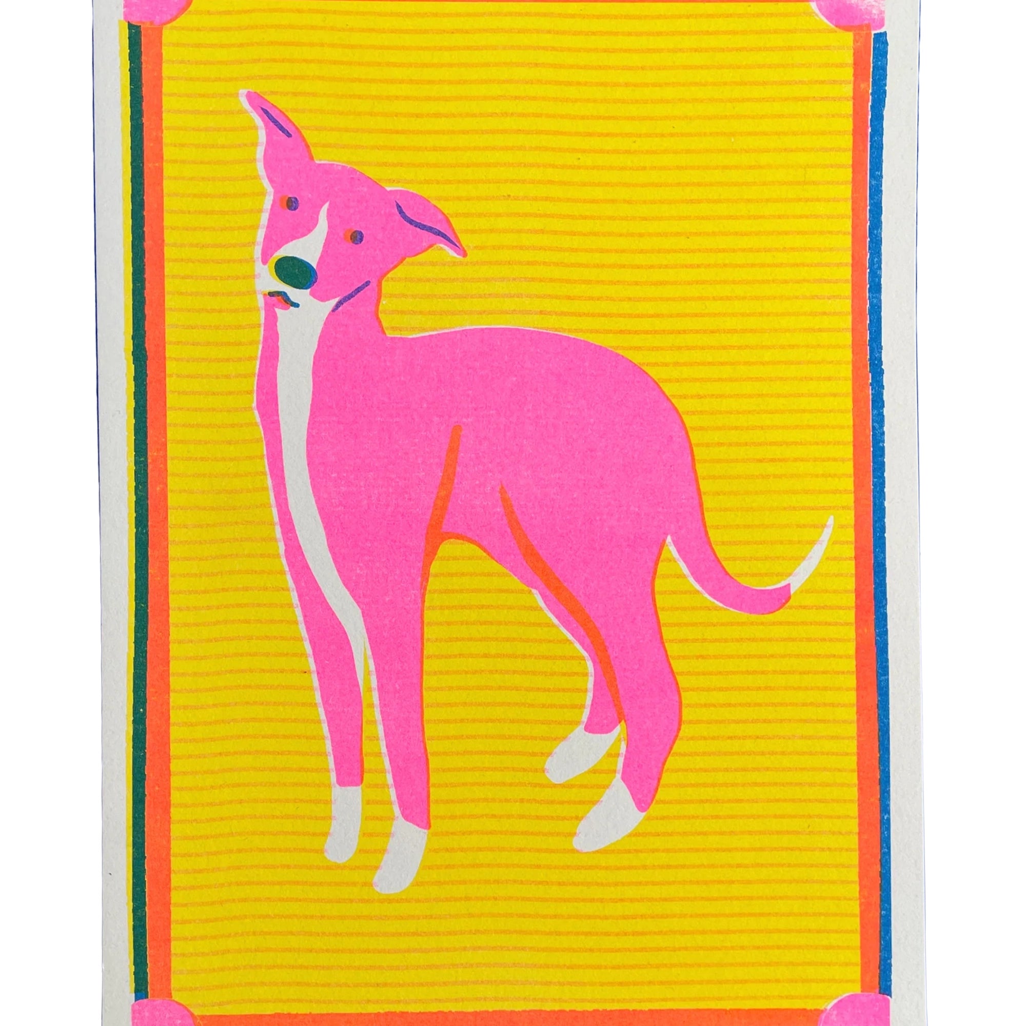 Colorful illustration of a pink dog on a yellow background