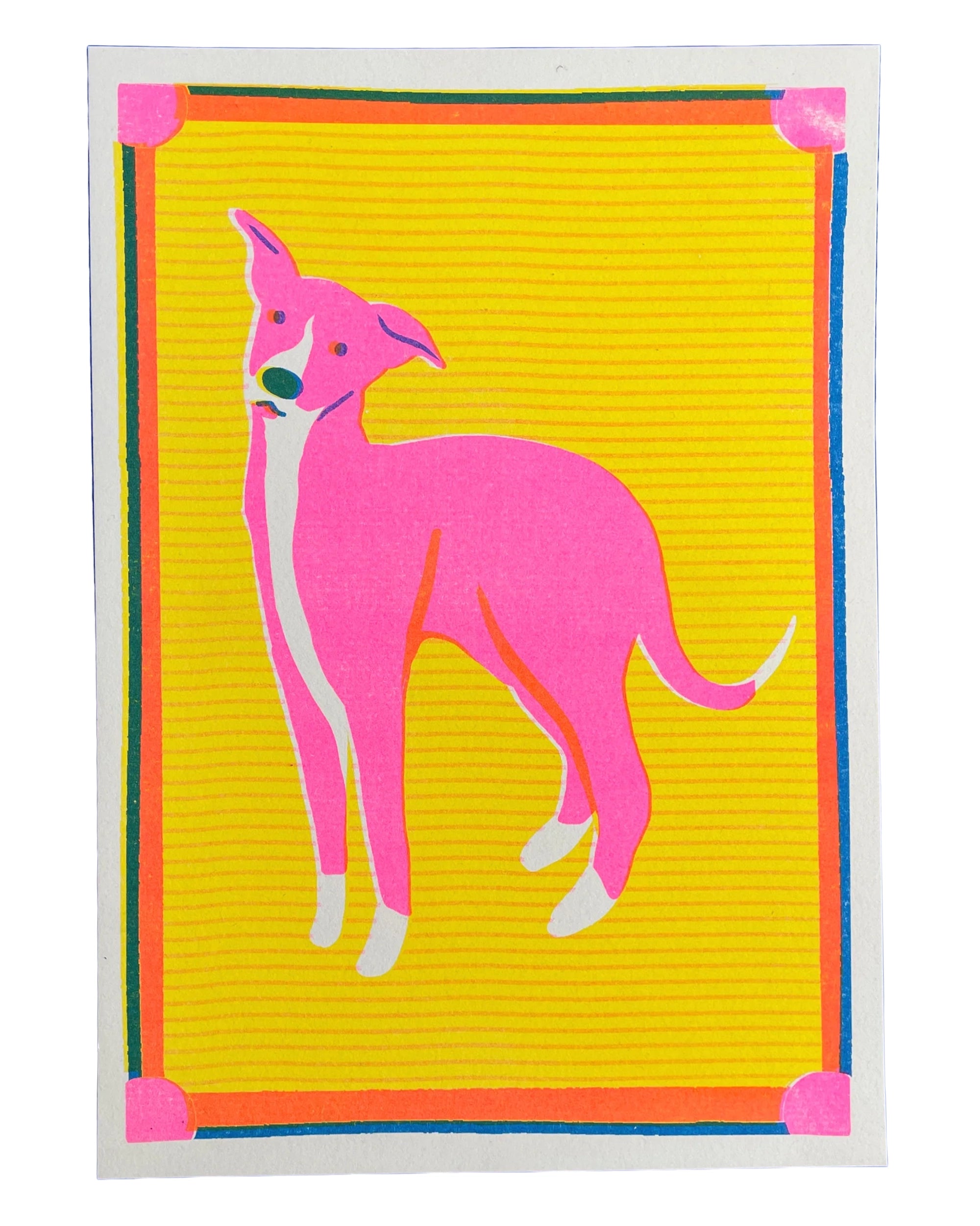 Colorful illustration of a pink dog on a yellow background