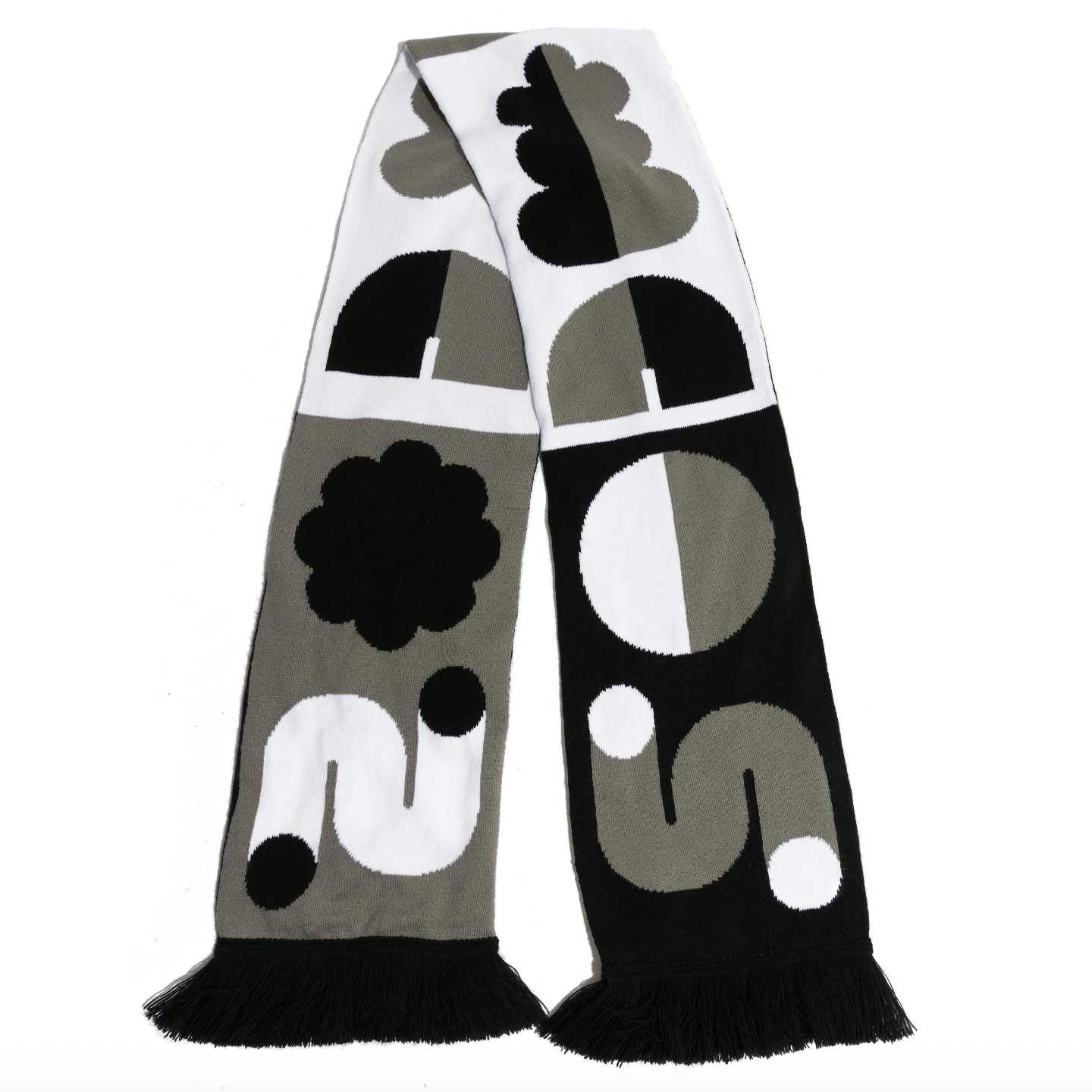 Scarf with abstract black, grey, and white pattern on a white background
