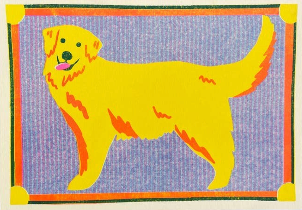 Colorful illustration of a yellow dog on a blue background